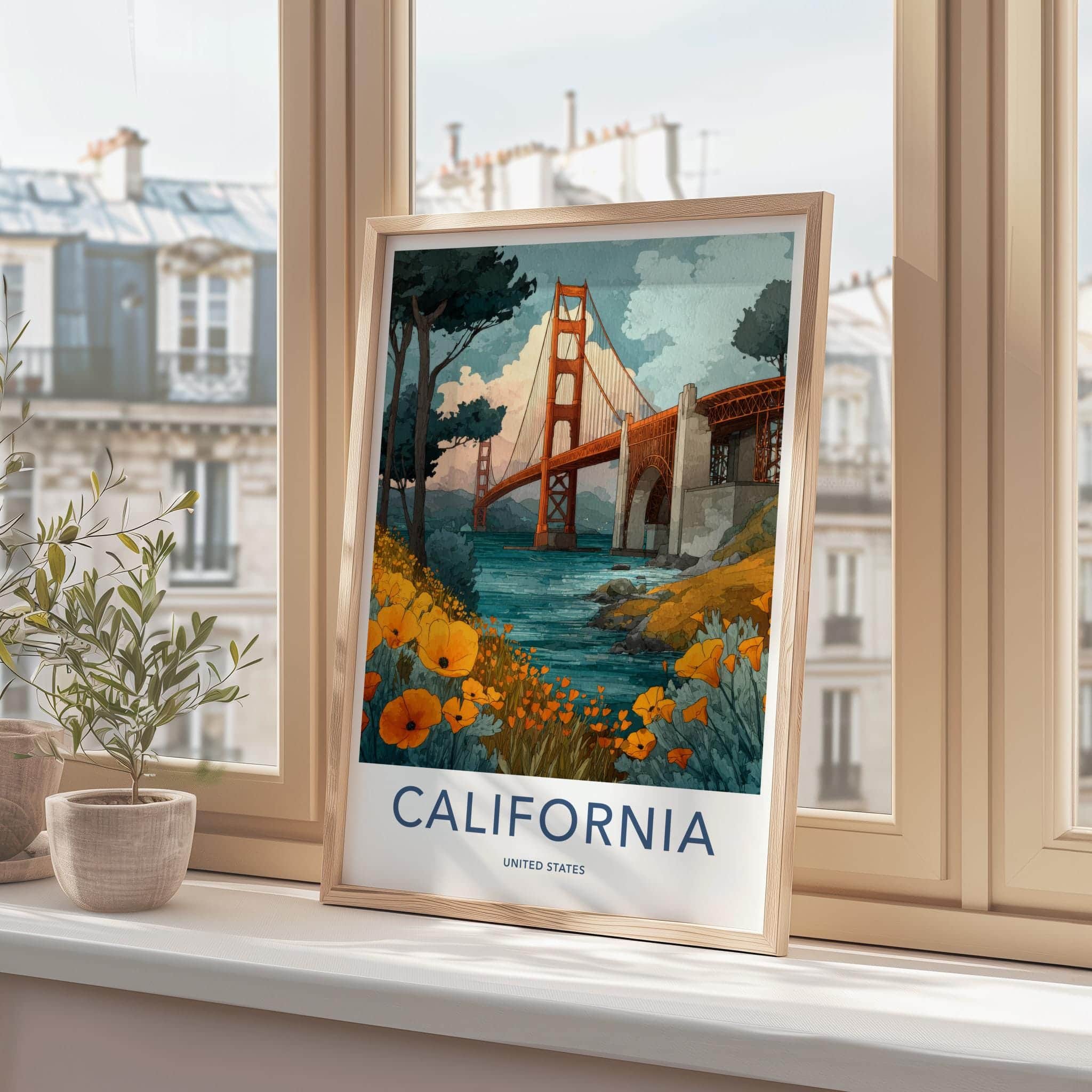 Golden Gate Bridge Poster - California Travel Art - Poppies Golden Bridge Home Decor