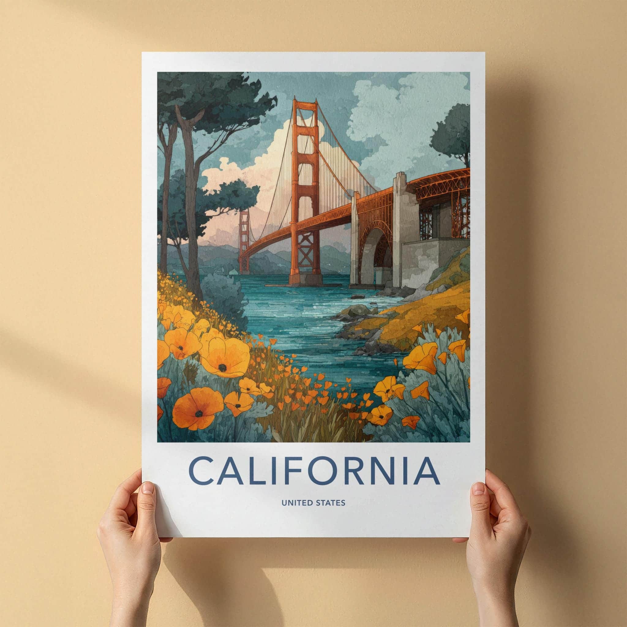 Golden Gate Bridge Poster - California Travel Art - Poppies Golden Bridge Home Decor