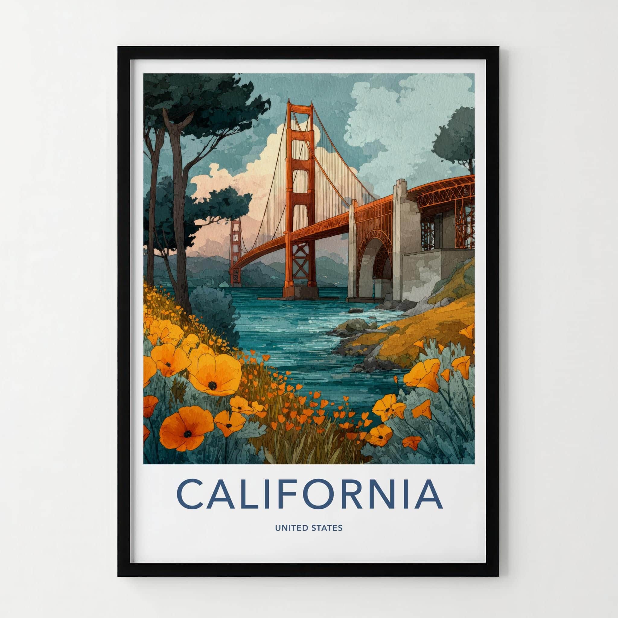 Golden Gate Bridge Poster - California Travel Art - Poppies Golden Bridge Home Decor