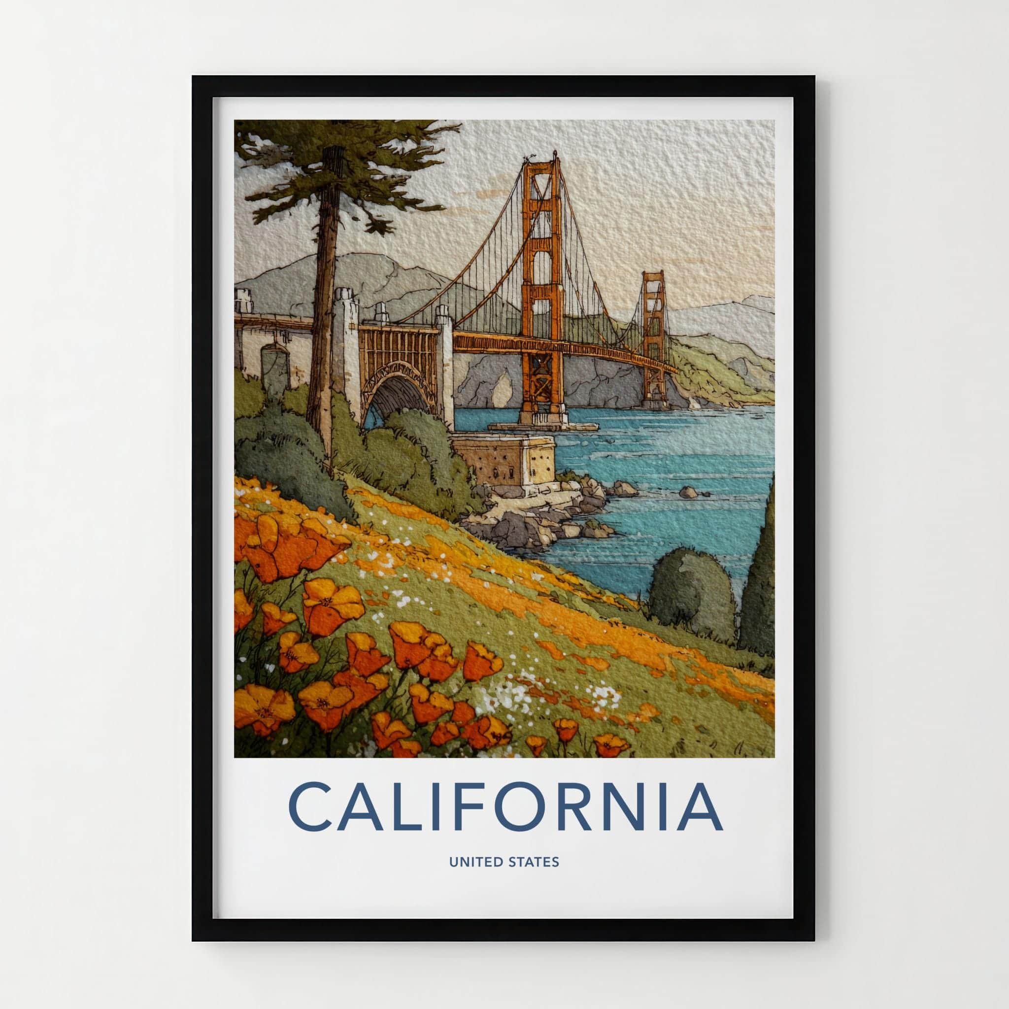 Golden Gate Bridge Poster - California Travel Art - Poppy Field Vista Wall Decor