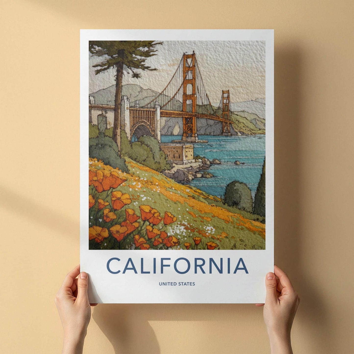 Golden Gate Bridge Poster - California Travel Art - Poppy Field Vista Wall Decor
