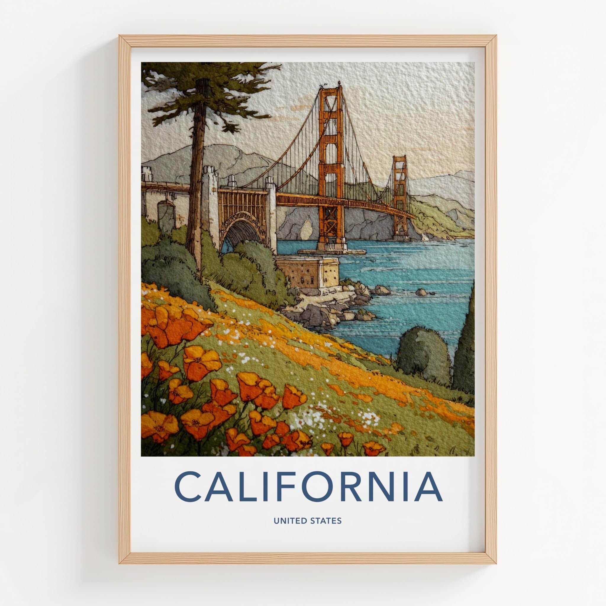 Golden Gate Bridge Poster - California Travel Art - Poppy Field Vista Wall Decor
