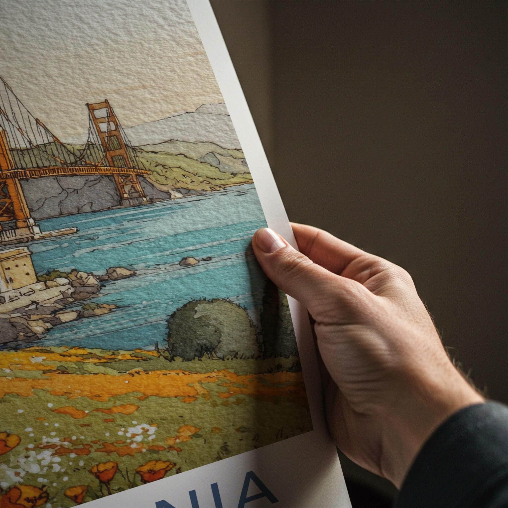 Golden Gate Bridge Poster - California Travel Art - Poppy Field Vista Wall Decor