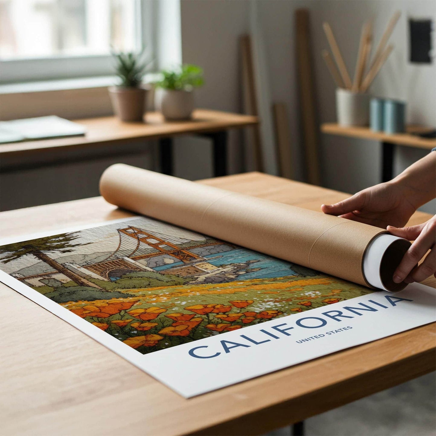 Golden Gate Bridge Poster - California Travel Art - Poppy Field Vista Wall Decor