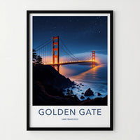 Golden Gate Bridge Poster - California Travel Art - Starry Night Lights Wall Decor
