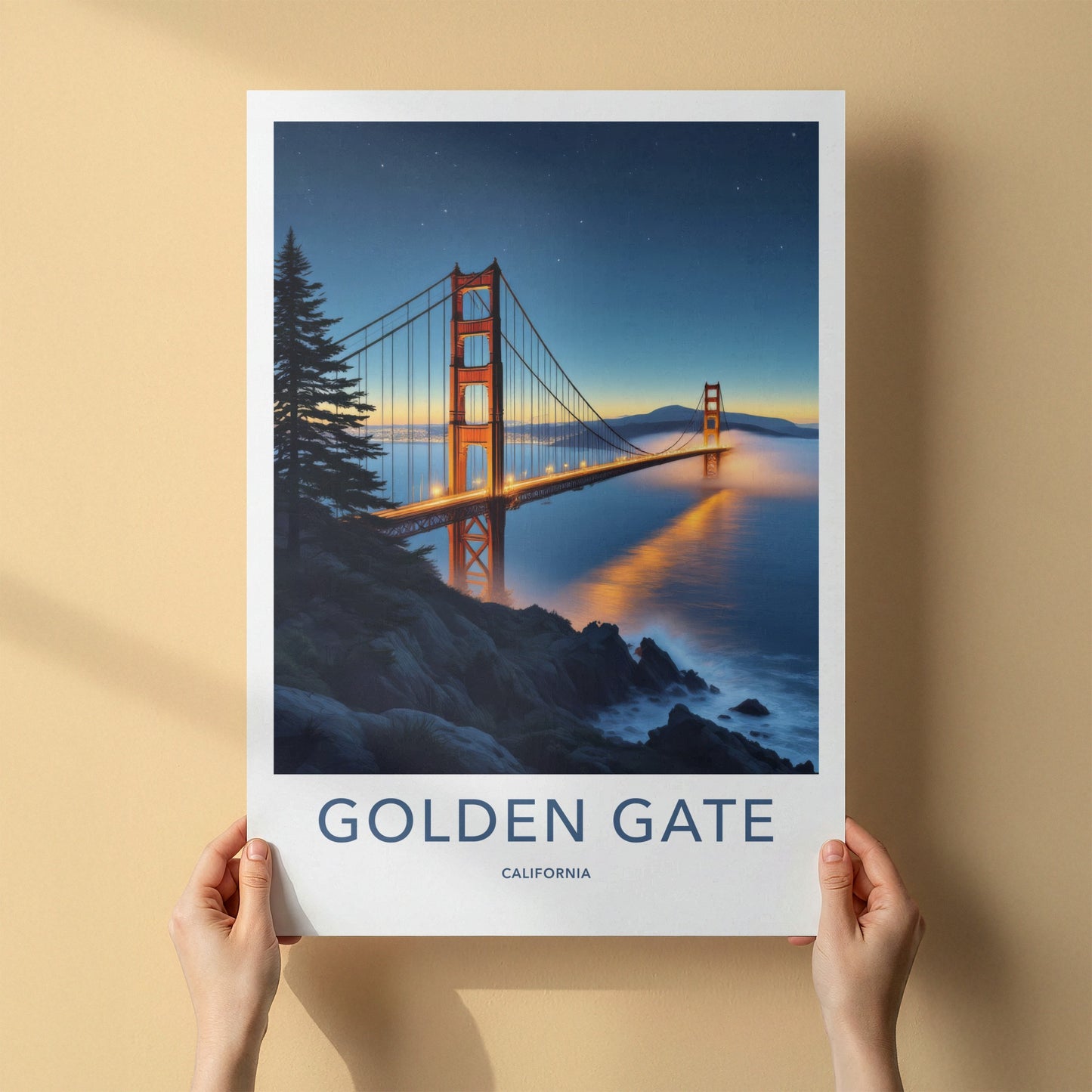Golden Gate Poster - California Travel Art - Illuminated Bridge Mist Wall Decor