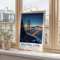 Golden Gate Poster - California Travel Art - Illuminated Bridge Mist Wall Decor