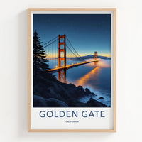 Golden Gate Poster - California Travel Art - Illuminated Bridge Mist Wall Decor