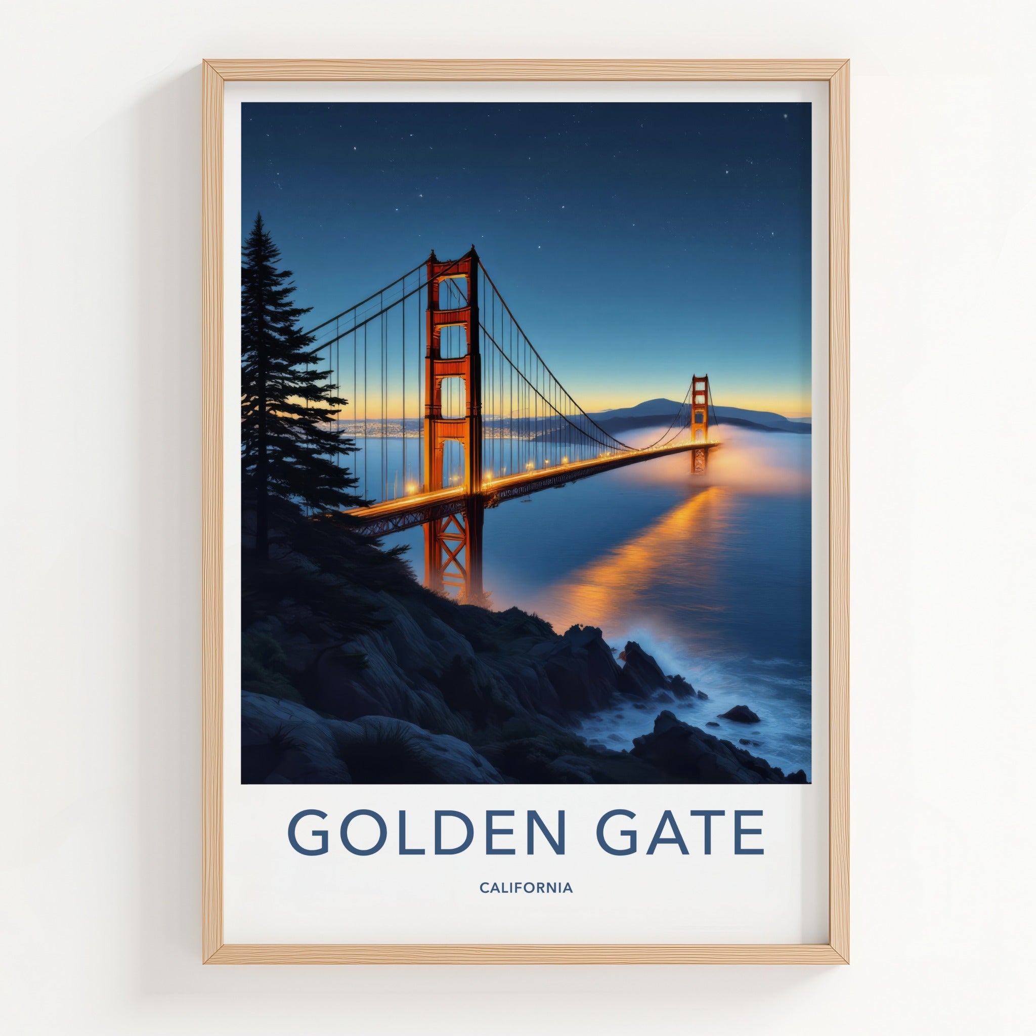 Golden Gate Poster - California Travel Art - Illuminated Bridge Mist Wall Decor