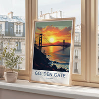 Golden Gate Poster - California Travel Print - Sunset Bridge Ocean Home Decor