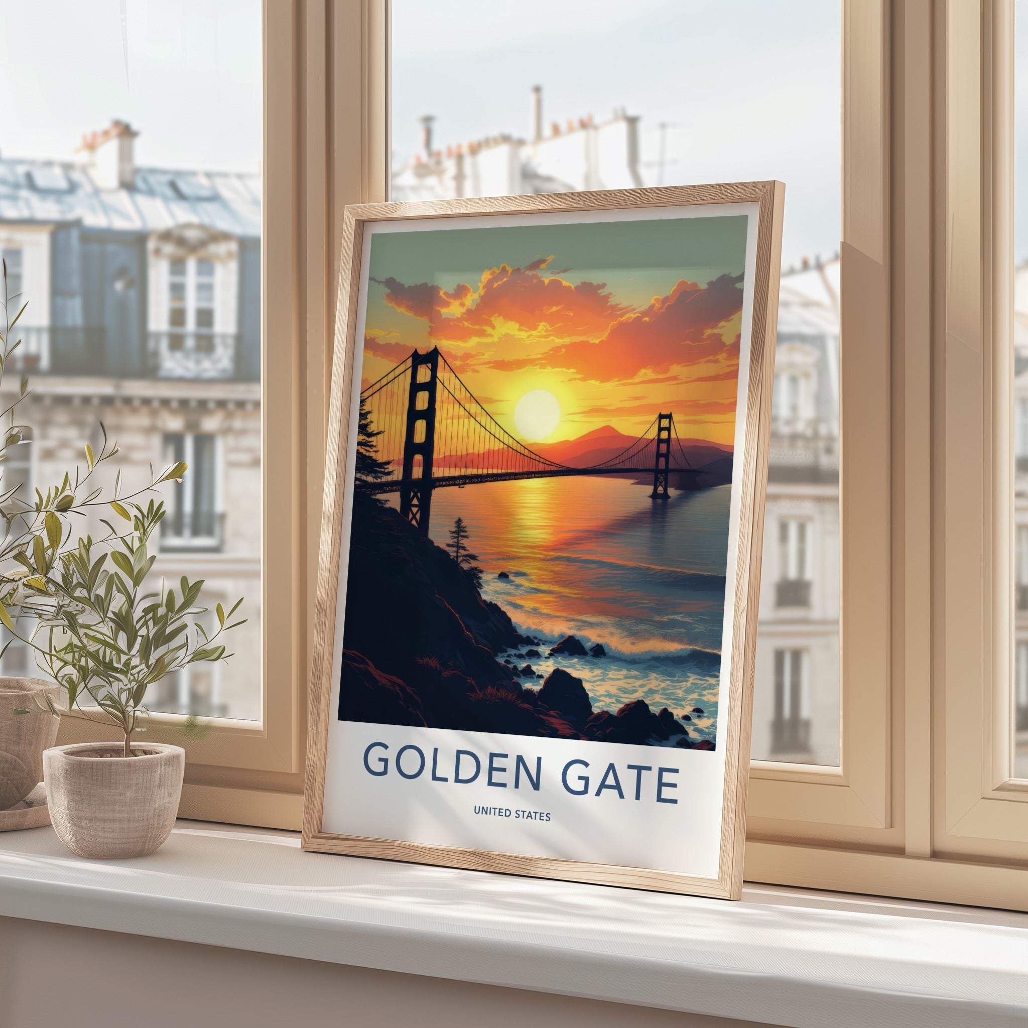 Golden Gate Poster - California Travel Print - Sunset Bridge Ocean Home Decor