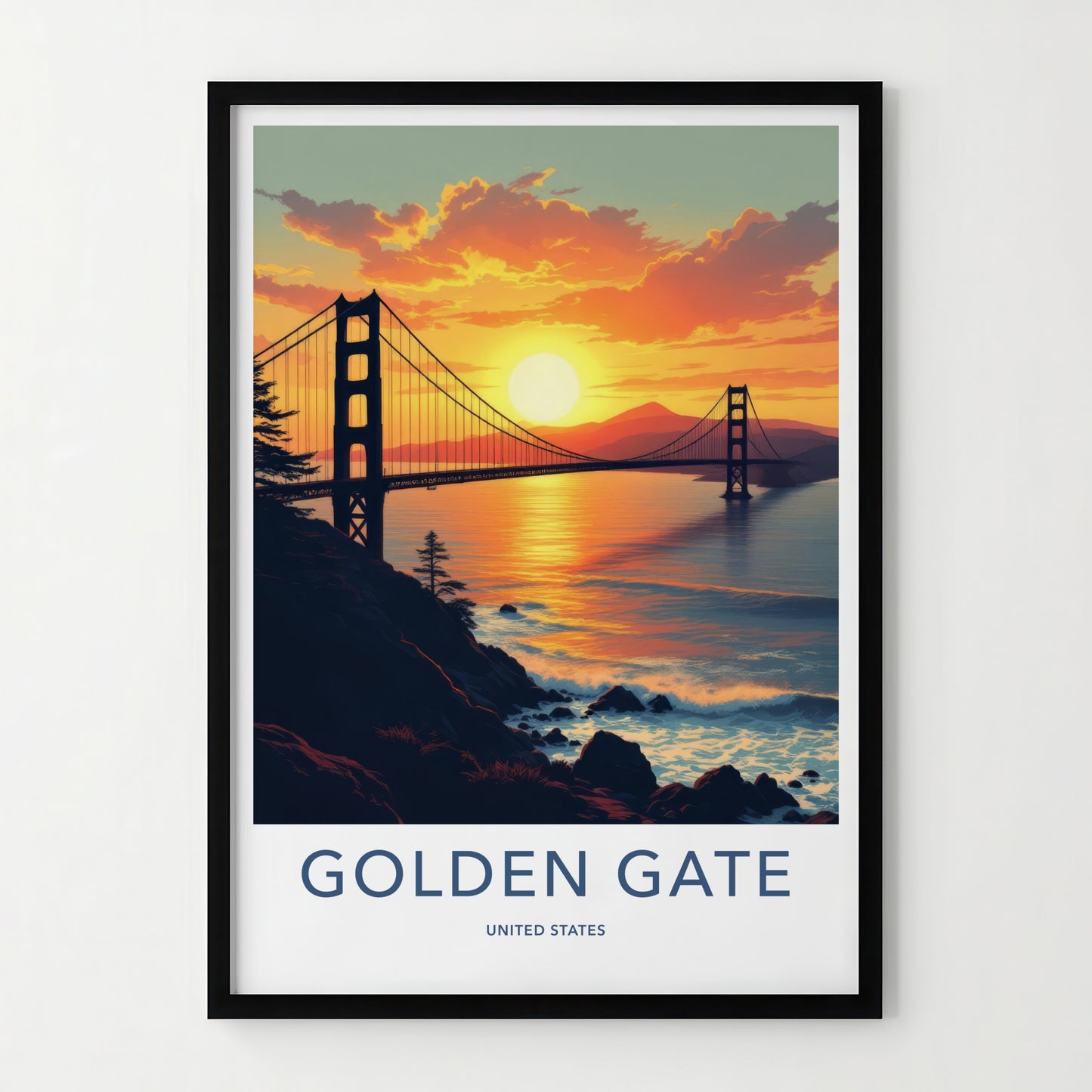 Golden Gate Poster - California Travel Print - Sunset Bridge Ocean Home Decor