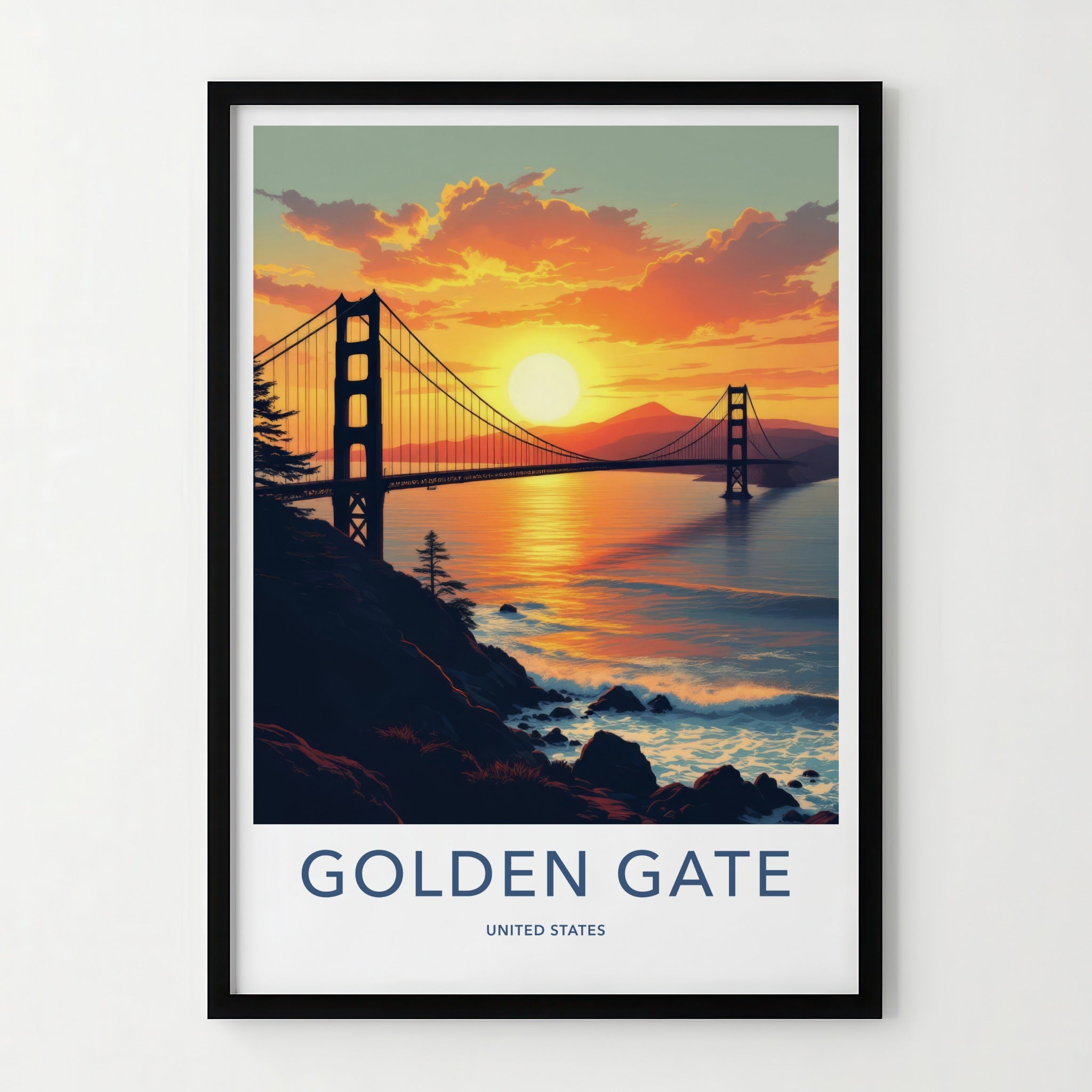 Golden Gate Poster - California Travel Print - Sunset Bridge Ocean Home Decor