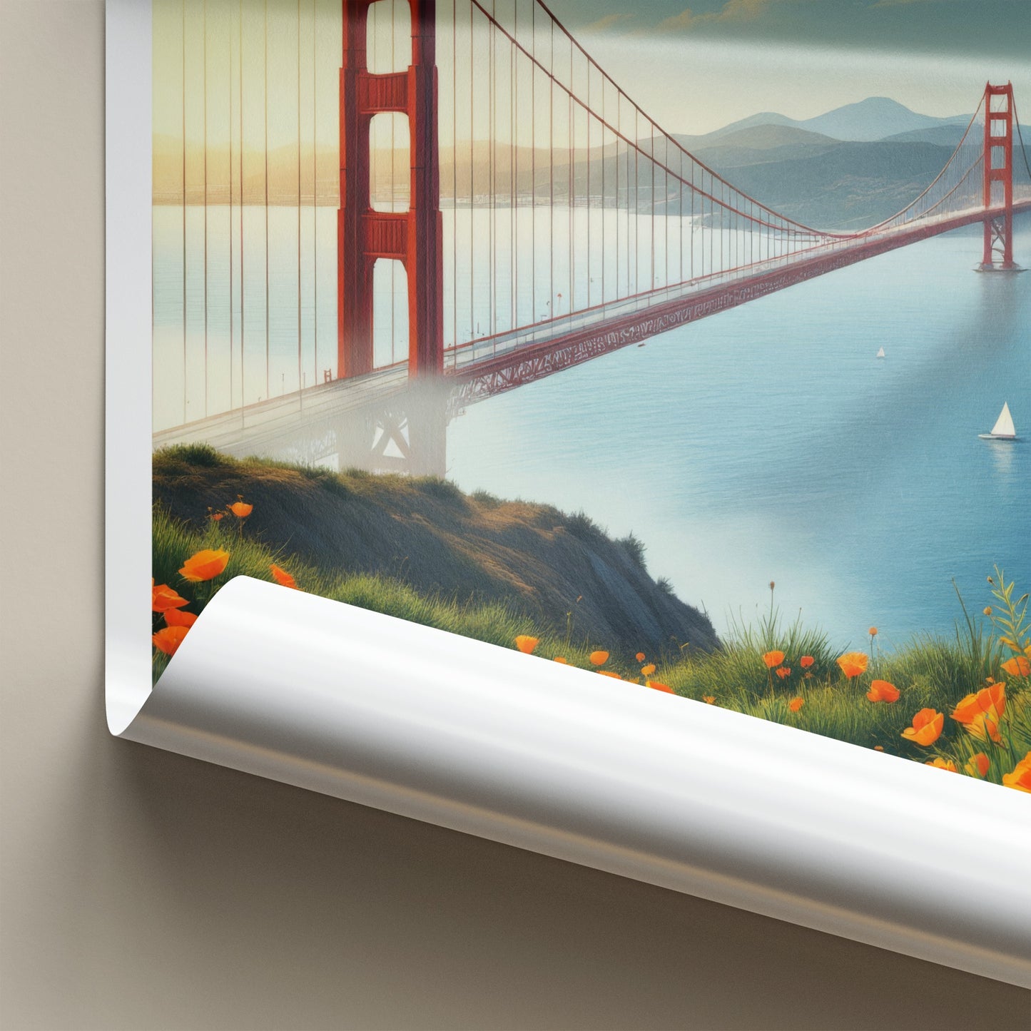Golden Gate Poster - California Wall Art - Iconic Bridge Poppies Home Decor