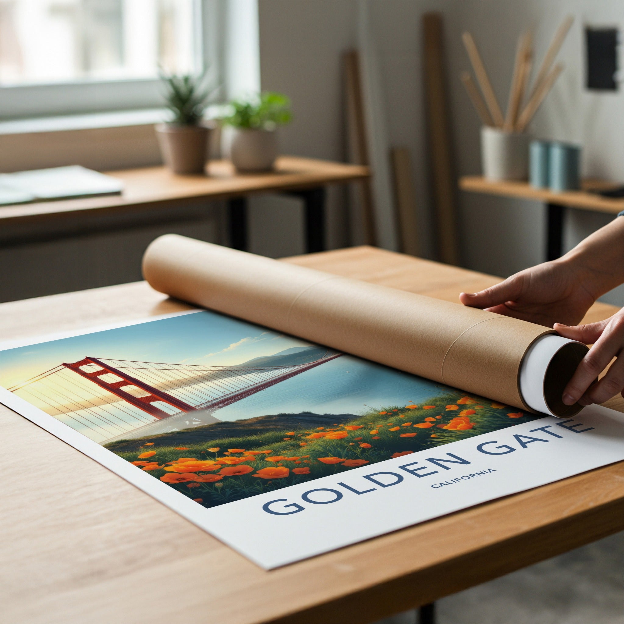 Golden Gate Poster - California Wall Art - Iconic Bridge Poppies Home Decor
