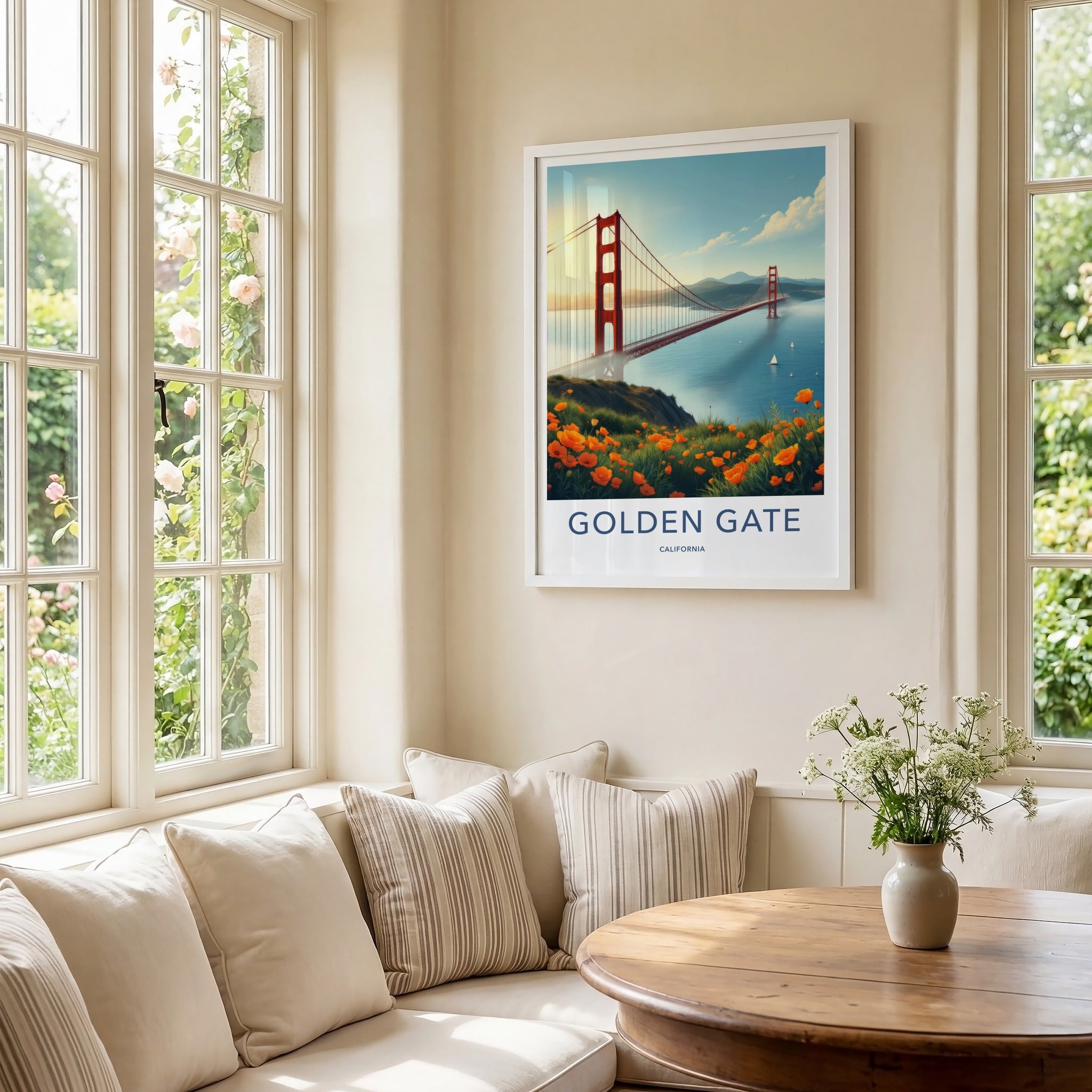 Golden Gate Poster - California Wall Art - Iconic Bridge Poppies Home Decor
