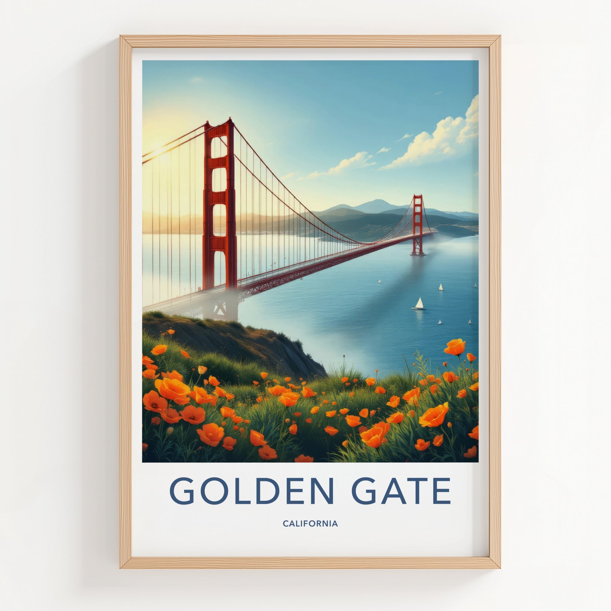 Golden Gate Poster - California Wall Art - Iconic Bridge Poppies Home Decor