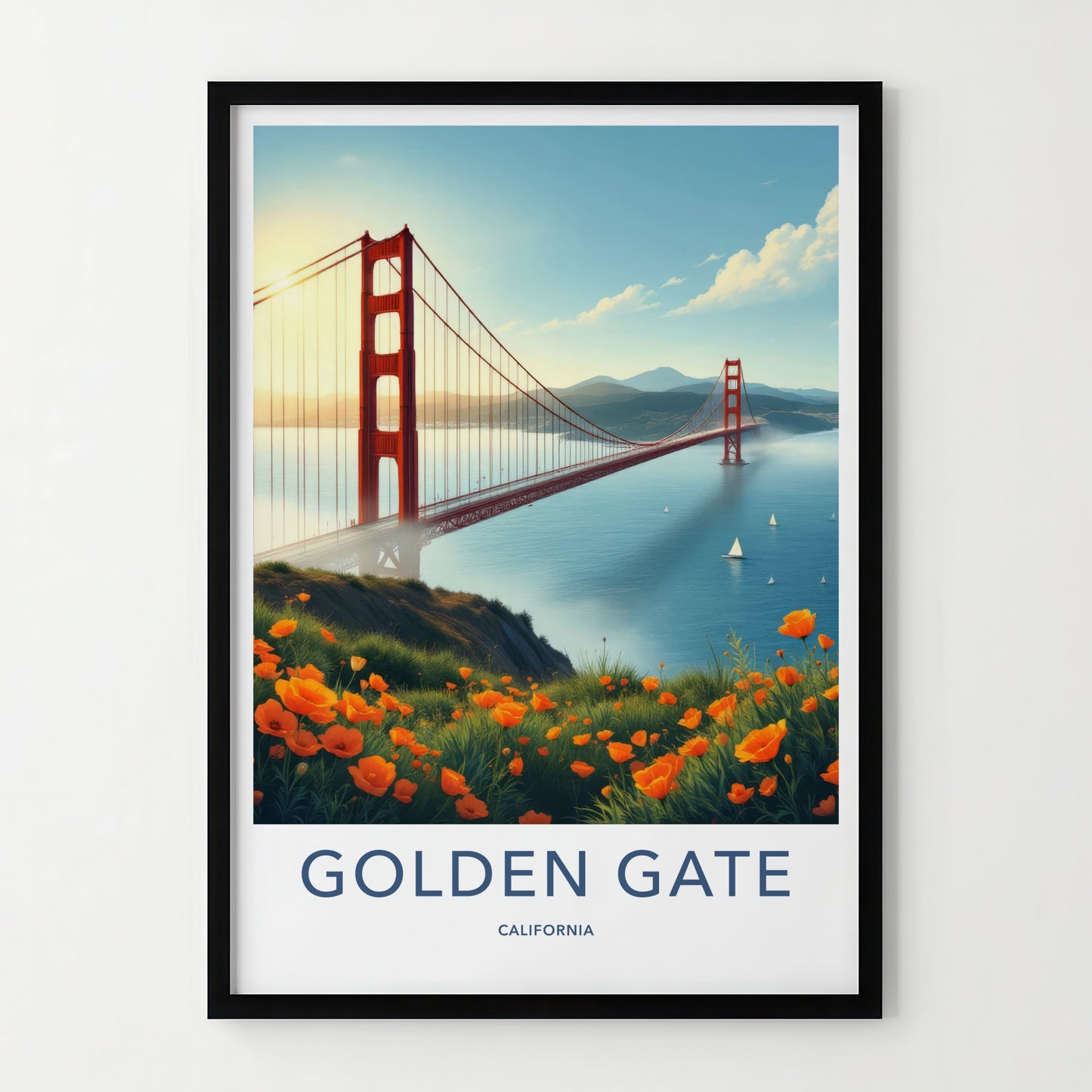 Golden Gate Poster - California Wall Art - Iconic Bridge Poppies Home Decor