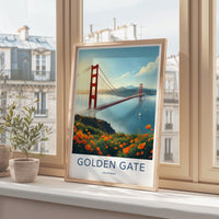 Golden Gate Poster - California Wall Art - Iconic Bridge Poppies Home Decor
