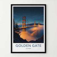 Golden Gate Poster - California Wall Art - Night Fog Bridge Home Decor