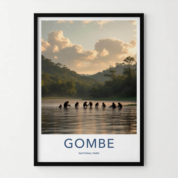 Gombe National Park Poster - Tanzania Travel Art - Chimps Wading Water Home Decor