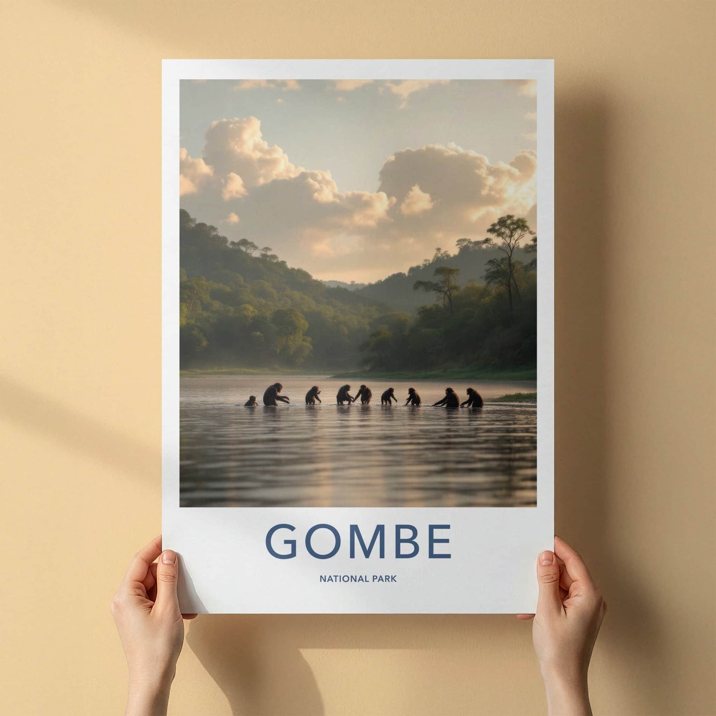Gombe National Park Poster - Tanzania Travel Art - Chimps Wading Water Home Decor