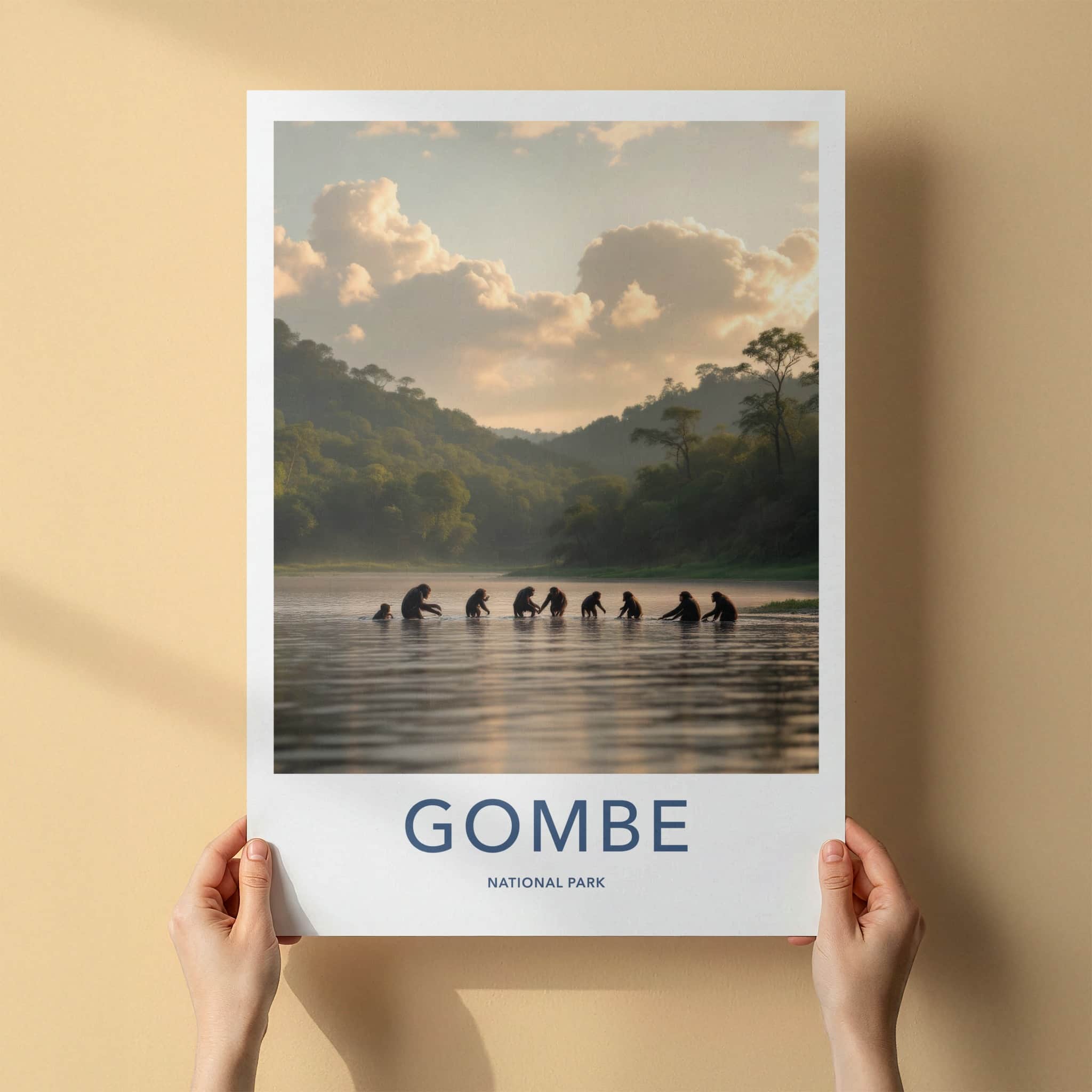 Gombe National Park Poster - Tanzania Travel Art - Chimps Wading Water Home Decor