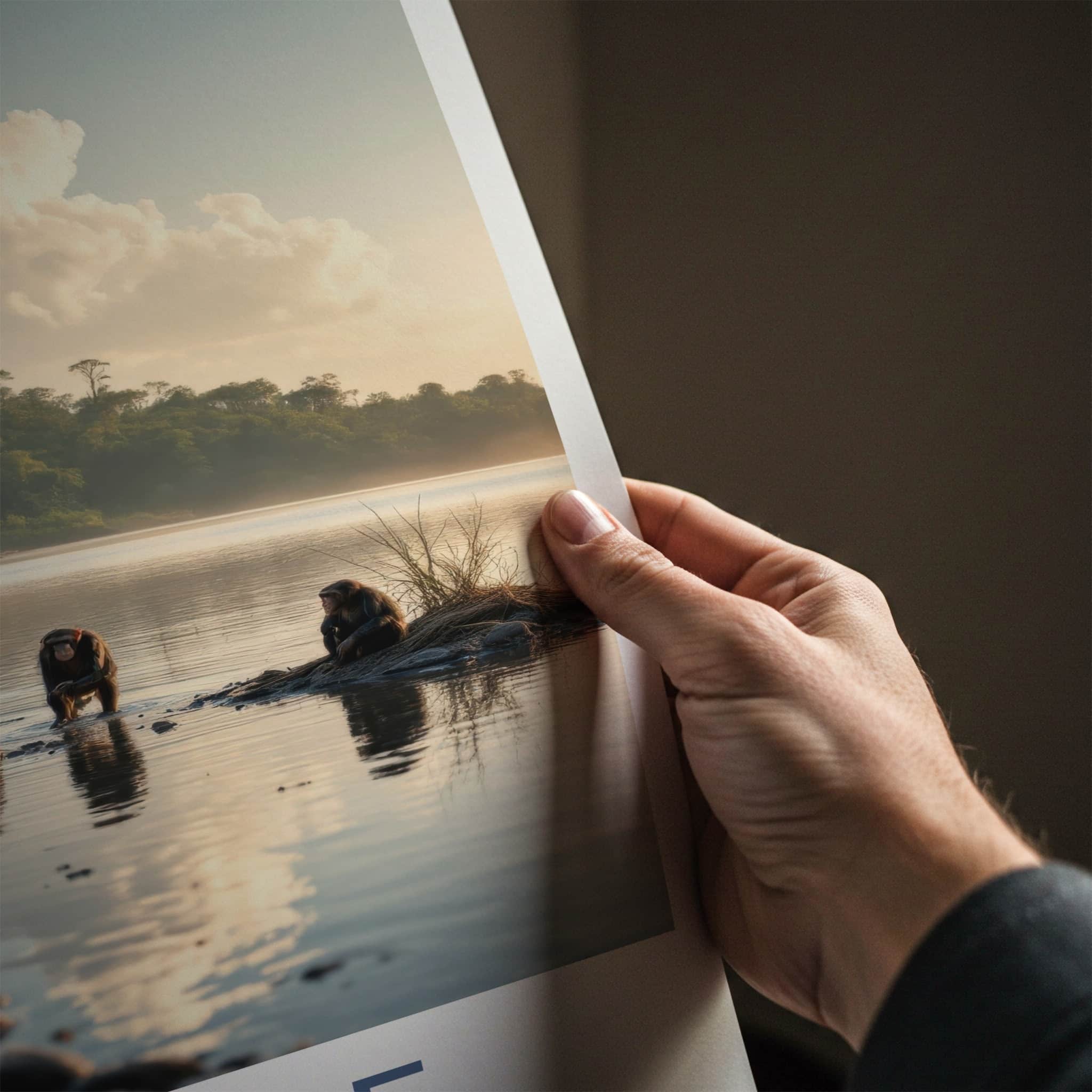 Gombe Poster - Tanzania Travel Art - Chimpanzee Water Reflections Home Decor