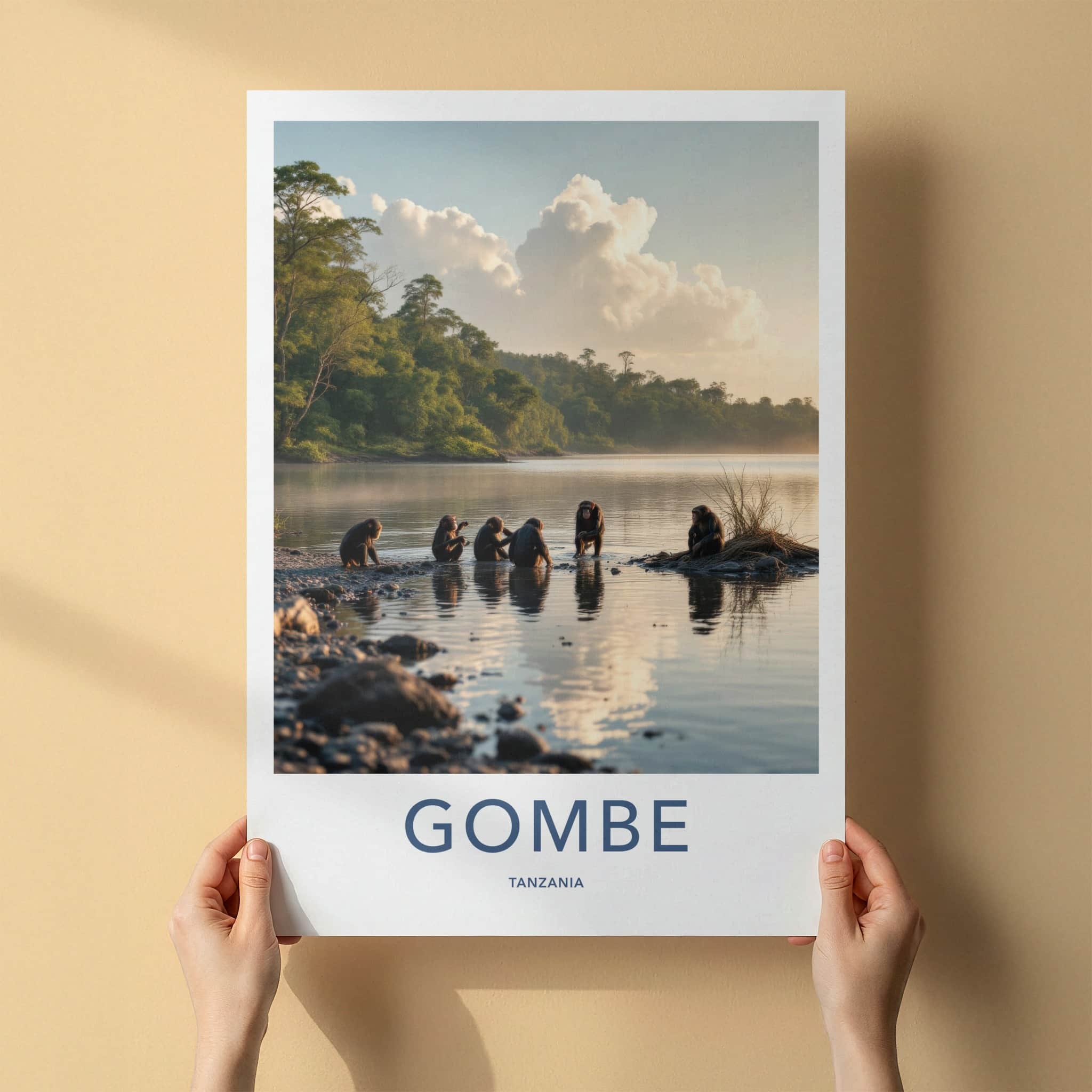 Gombe Poster - Tanzania Travel Art - Chimpanzee Water Reflections Home Decor
