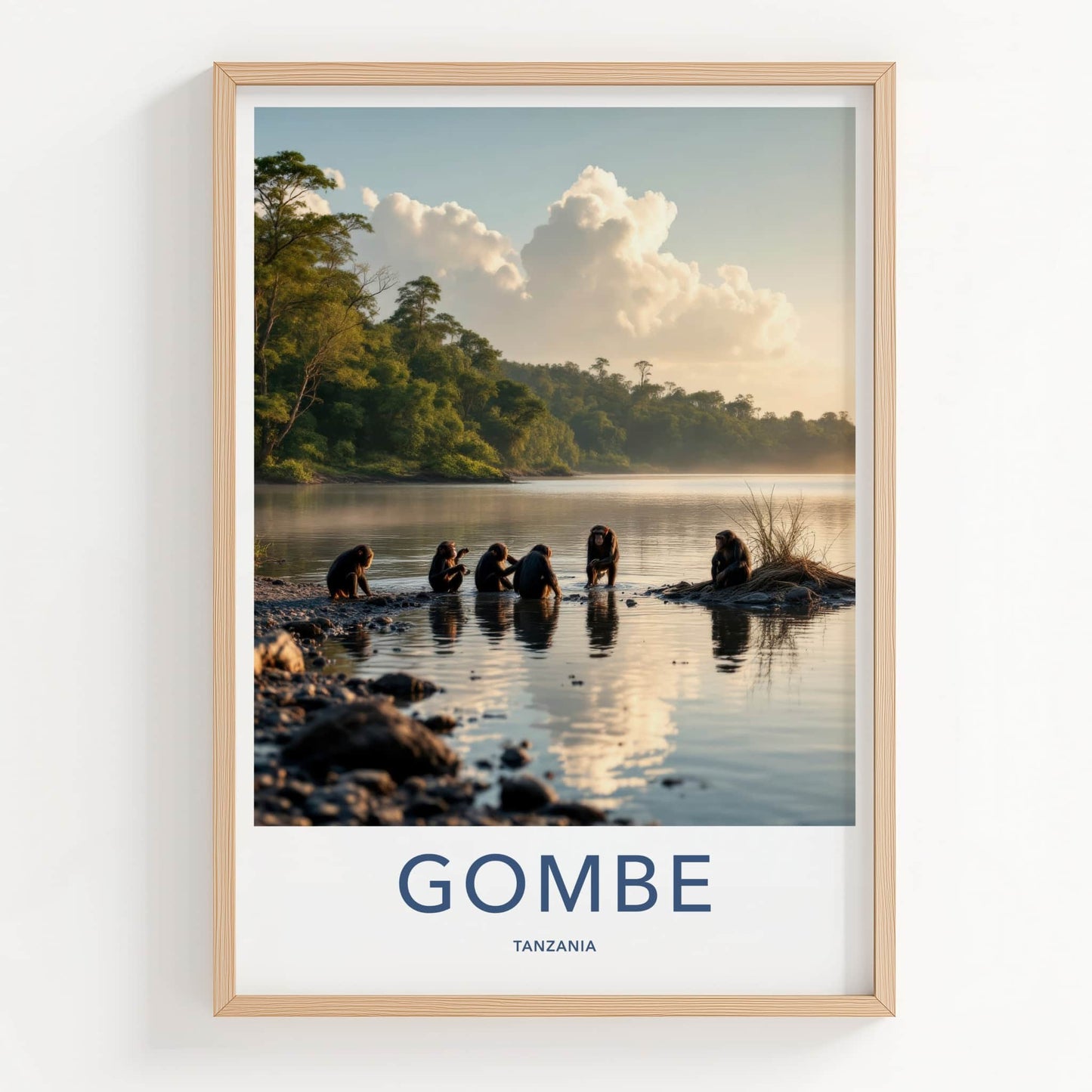 Gombe Poster - Tanzania Travel Art - Chimpanzee Water Reflections Home Decor