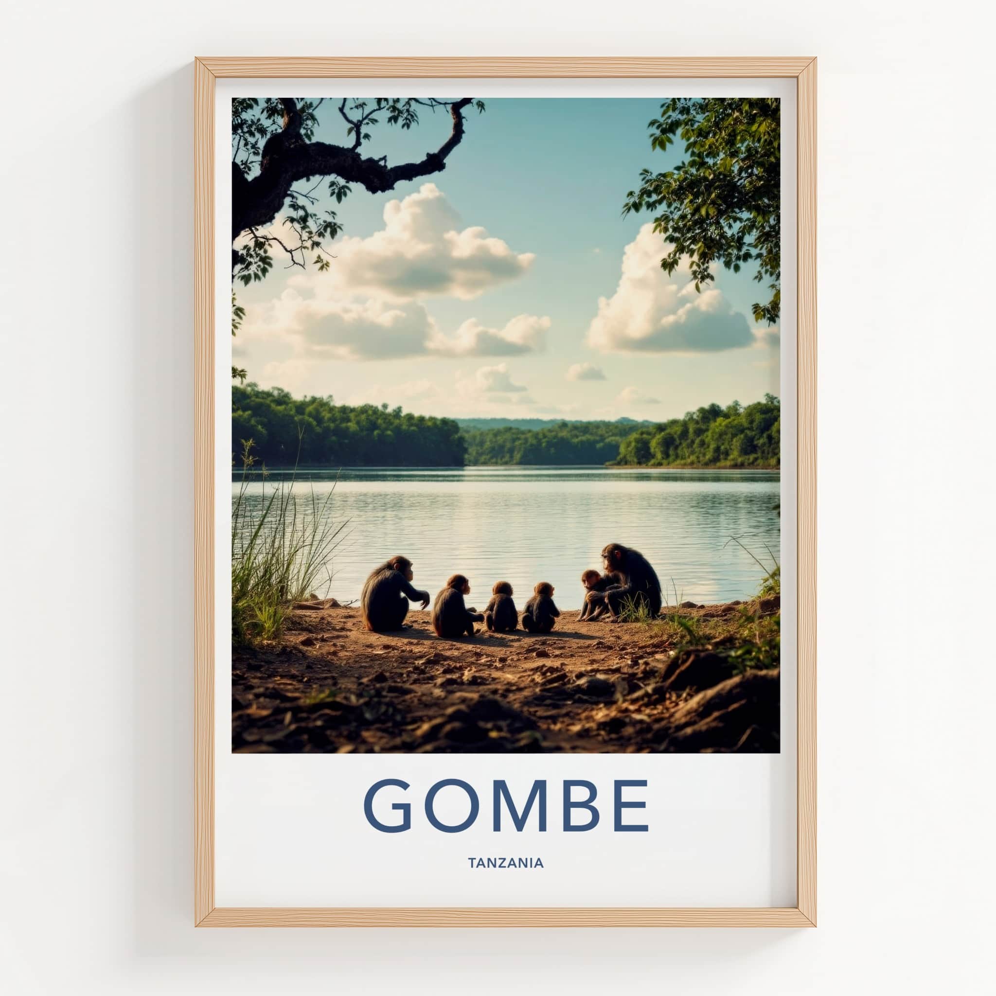 Gombe Poster - Tanzania Travel Art - Chimpanzees Lake Shore Home Decor