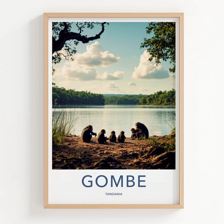 Gombe Poster - Tanzania Travel Art - Chimpanzees Lake Shore Home Decor