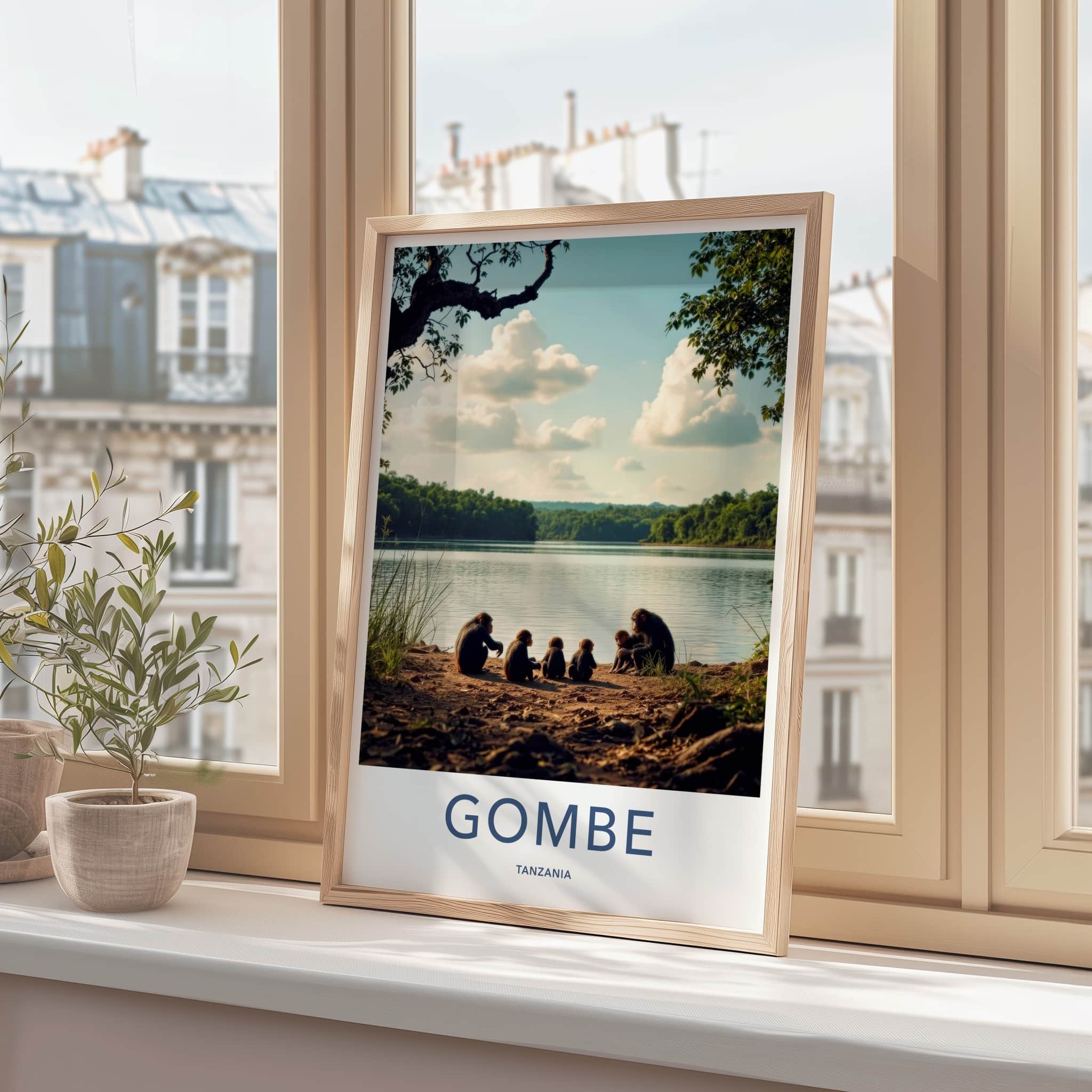 Gombe Poster - Tanzania Travel Art - Chimpanzees Lake Shore Home Decor