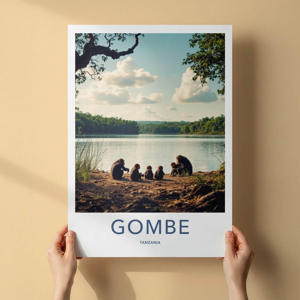 Gombe Poster - Tanzania Travel Art - Chimpanzees Lake Shore Home Decor