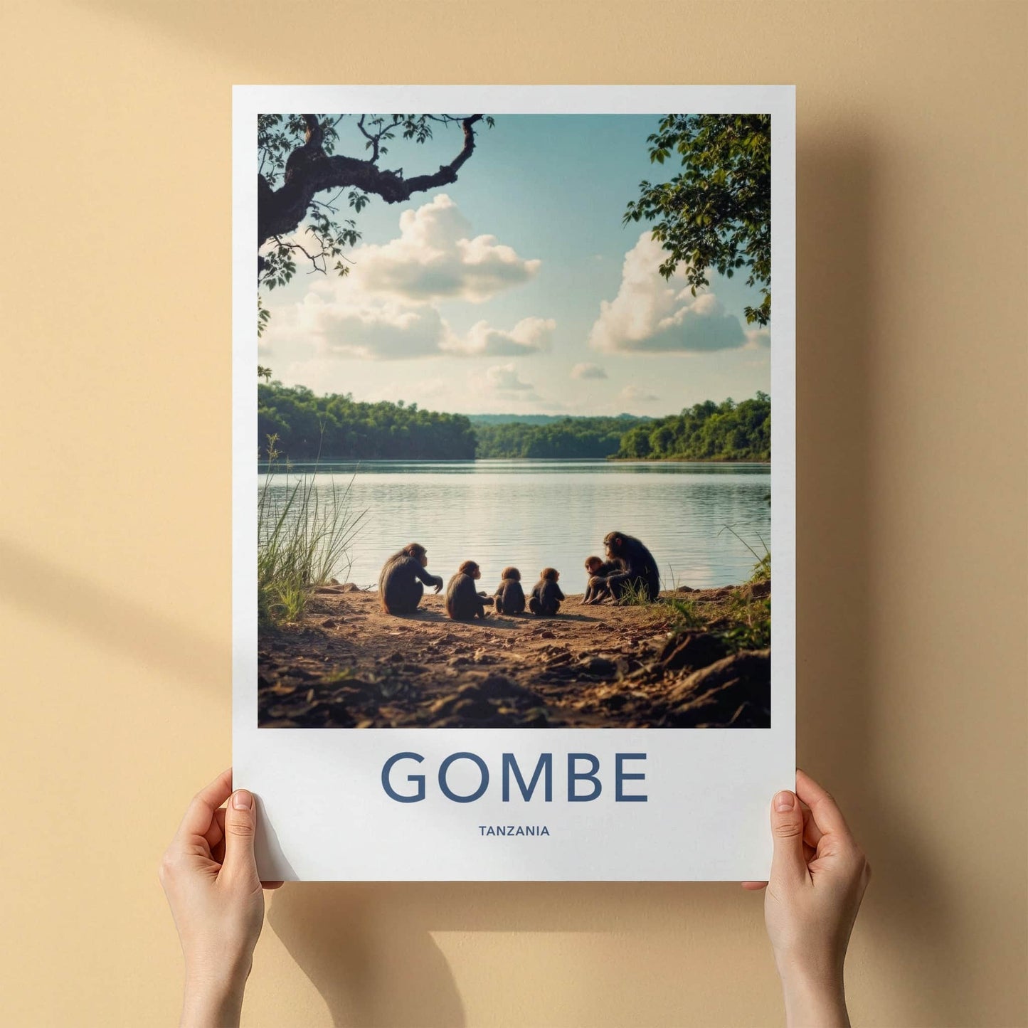 Gombe Poster - Tanzania Travel Art - Chimpanzees Lake Shore Home Decor