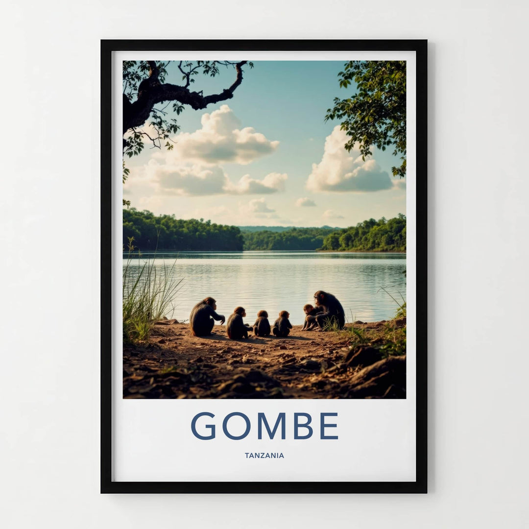 Gombe Poster - Tanzania Travel Art - Chimpanzees Lake Shore Home Decor