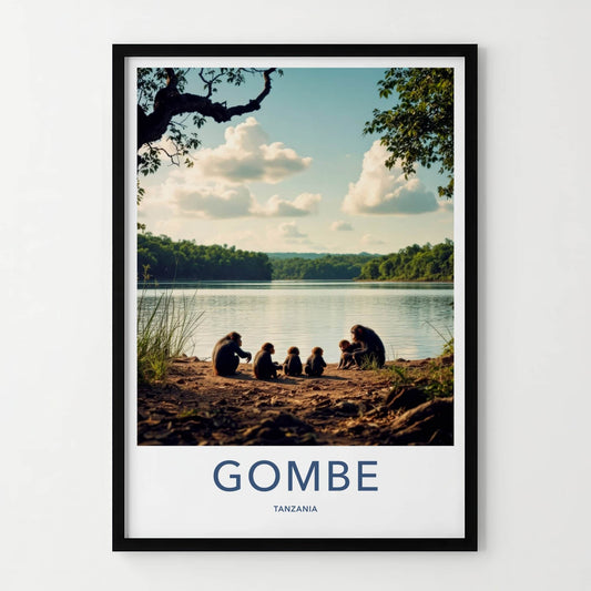 Gombe Poster - Tanzania Travel Art - Chimpanzees Lake Shore Home Decor