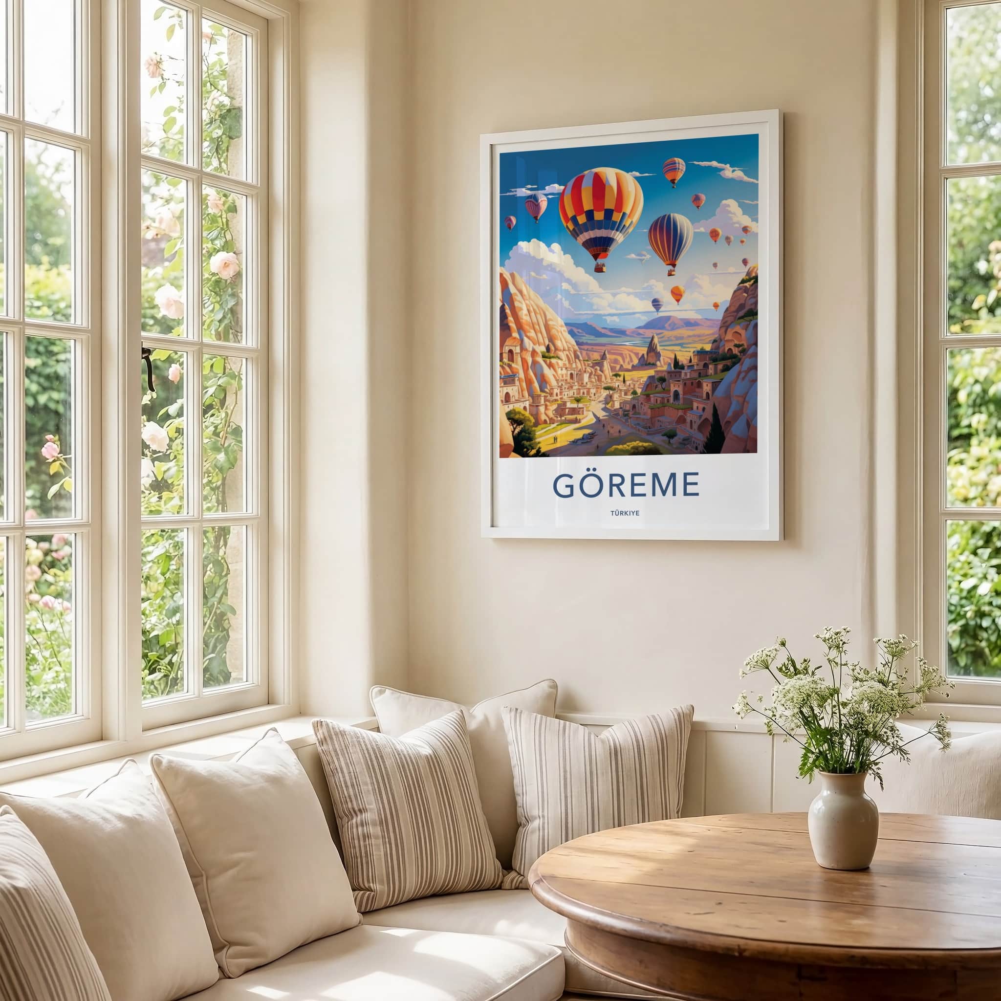 Goreme Poster - Turkiye Travel Art - Colorful Balloon Flight Wall Decor
