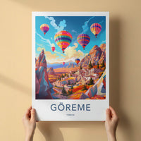 Goreme Poster - Turkiye Travel Art - Colorful Village Balloons Home Decor
