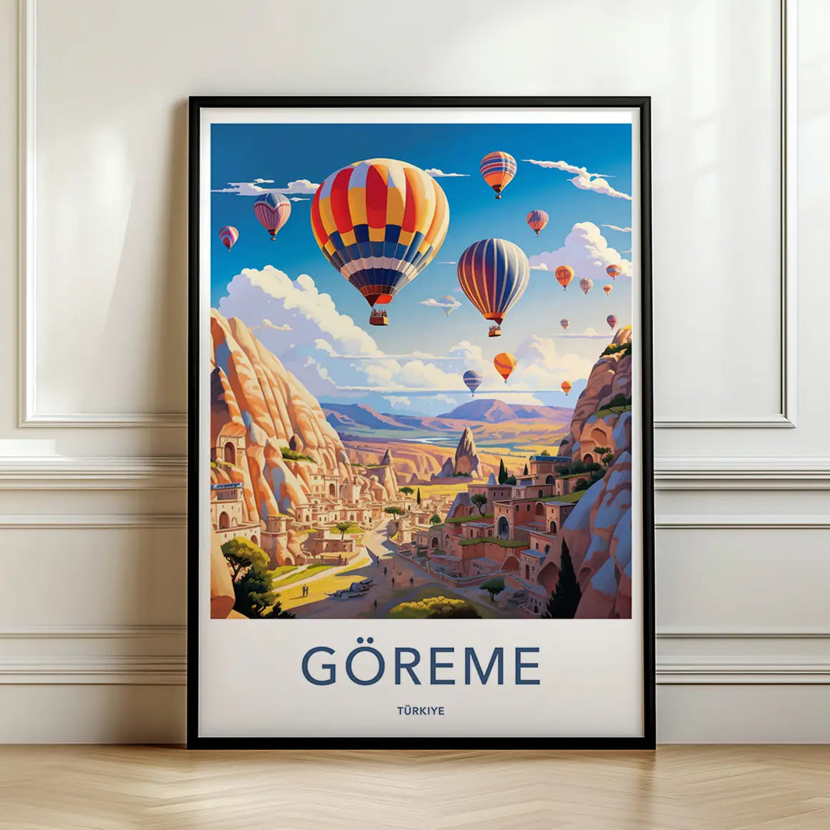 Framed vintage travel poster of hot air balloons flying over the historic rock formations of Göreme Türkiye representing the Turkey collection.