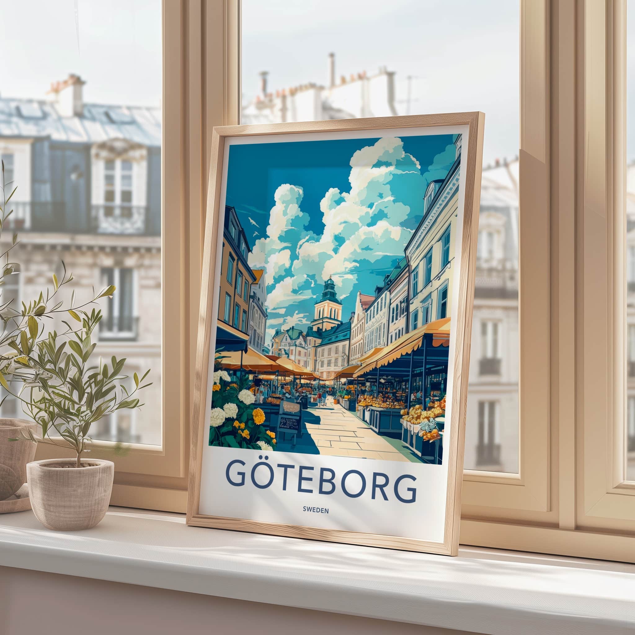 Goteborg Poster - Sweden Travel Art - Bustling Market Street Home Decor