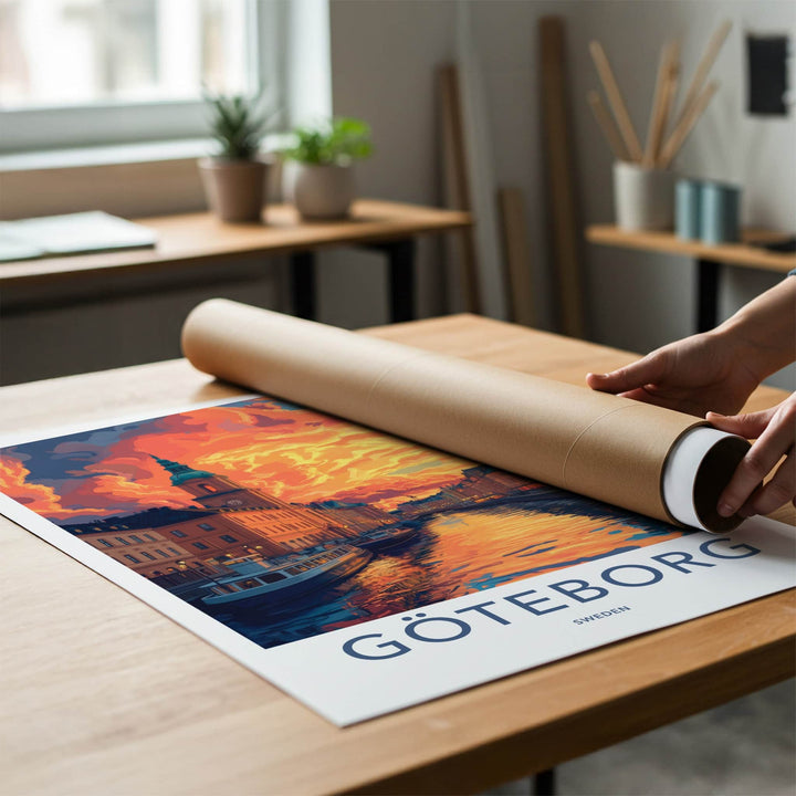 Goteborg Poster - Sweden Travel Art - Vibrant Canal Sunset Home Decor