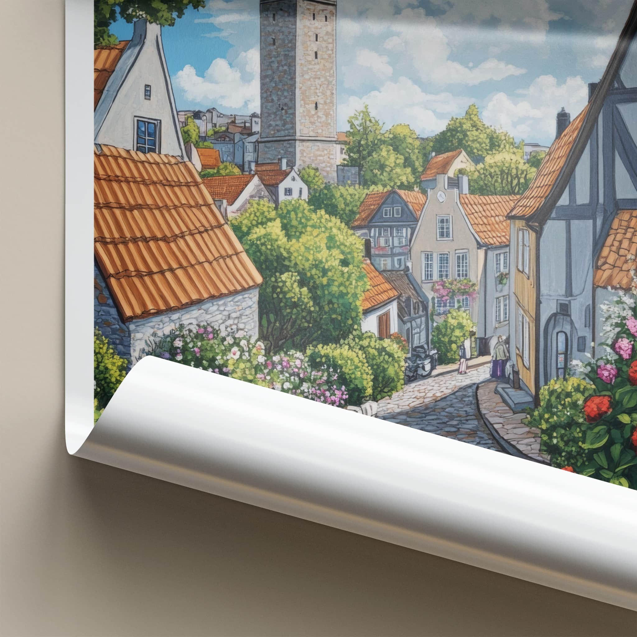 Gotland Poster - Sweden Travel Art - Cobblestone Street Tower Home Decor