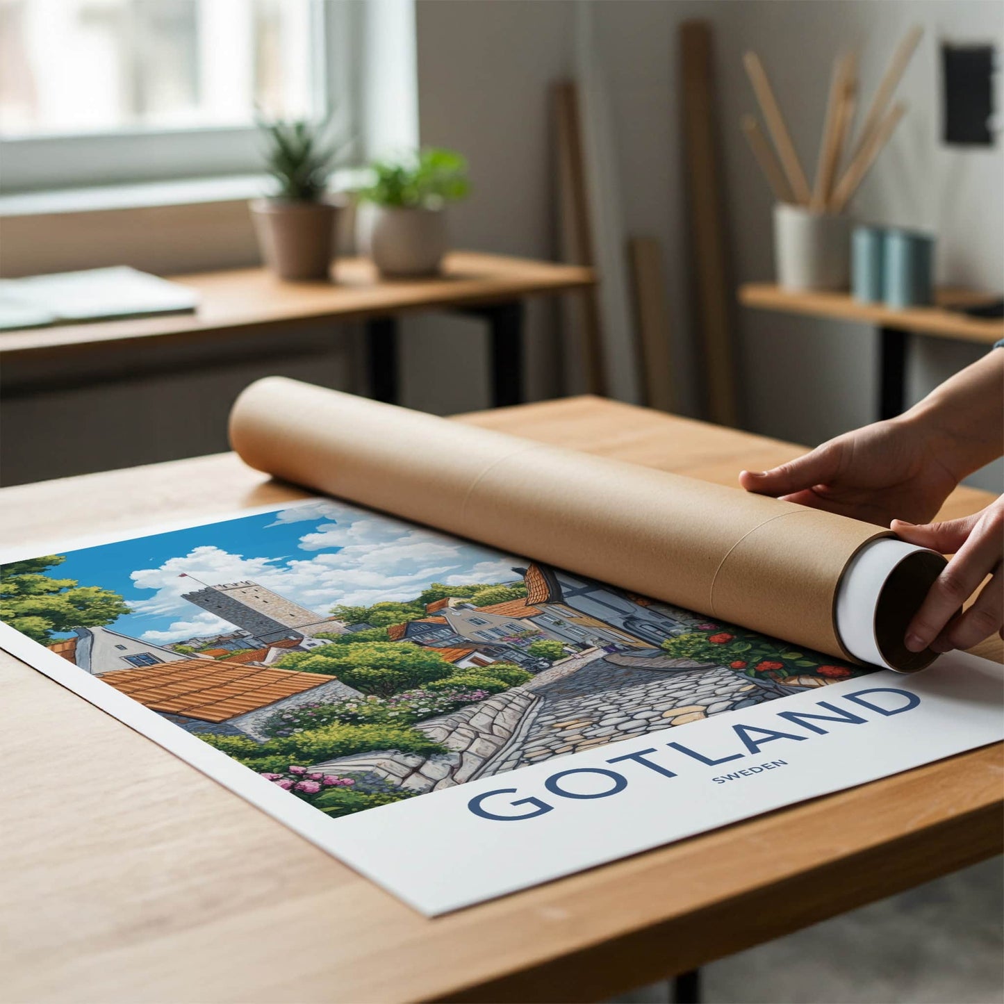 Gotland Poster - Sweden Travel Art - Cobblestone Street Tower Home Decor