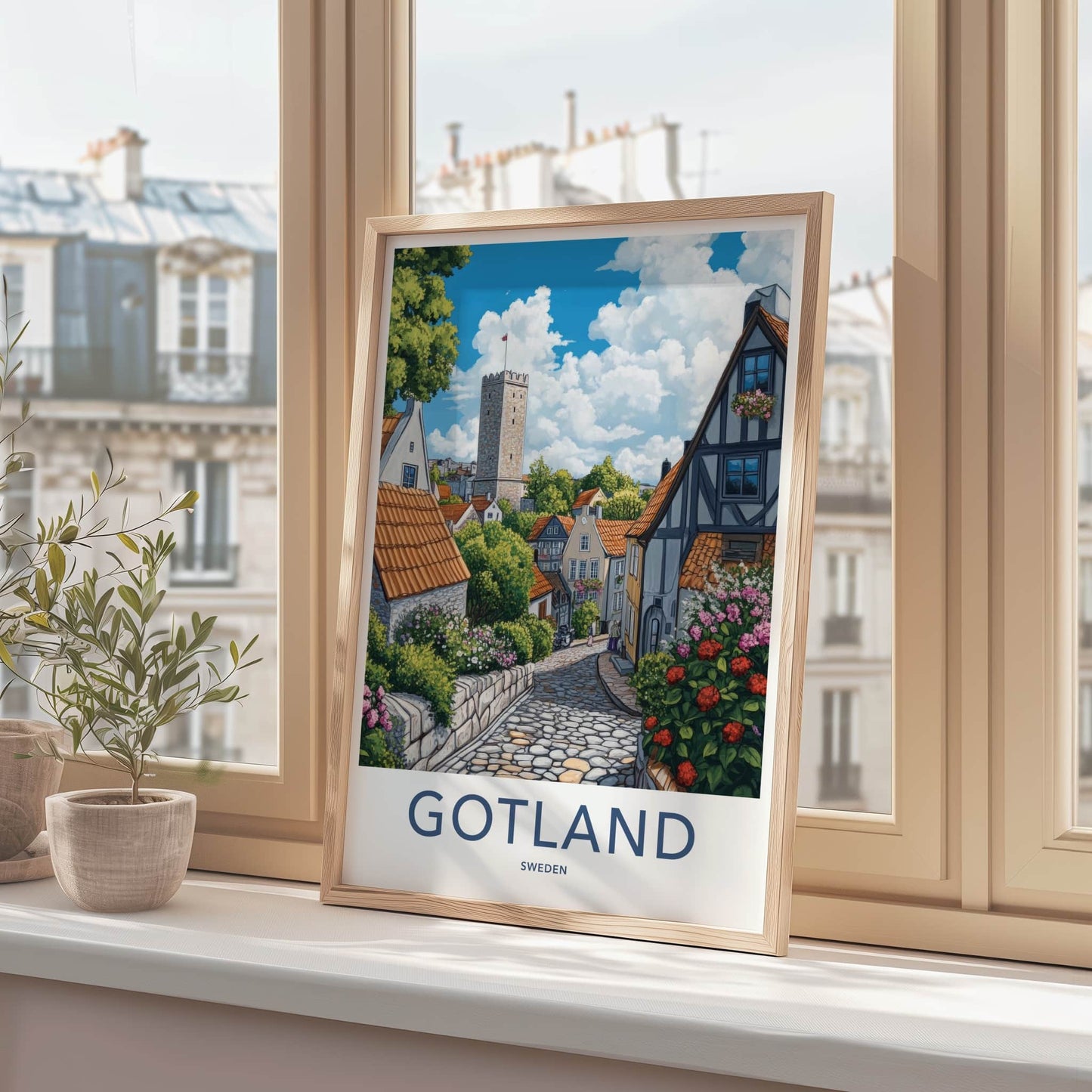 Gotland Poster - Sweden Travel Art - Cobblestone Street Tower Home Decor