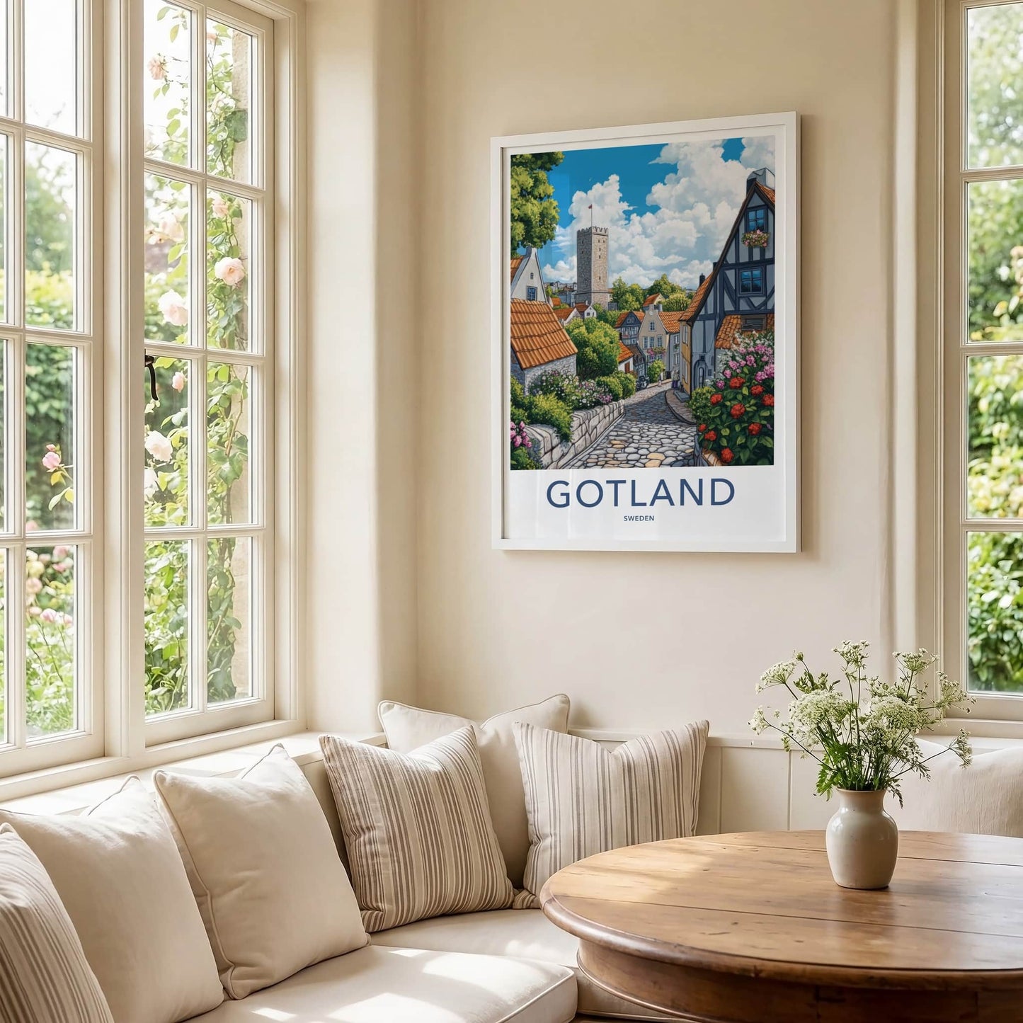 Gotland Poster - Sweden Travel Art - Cobblestone Street Tower Home Decor