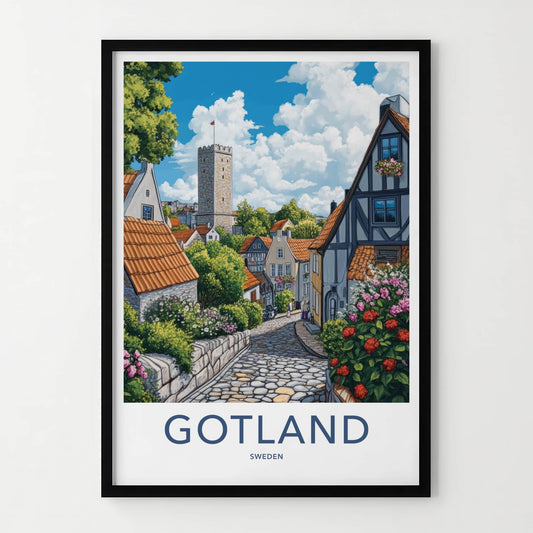 Gotland Poster - Sweden Travel Art - Cobblestone Street Tower Home Decor