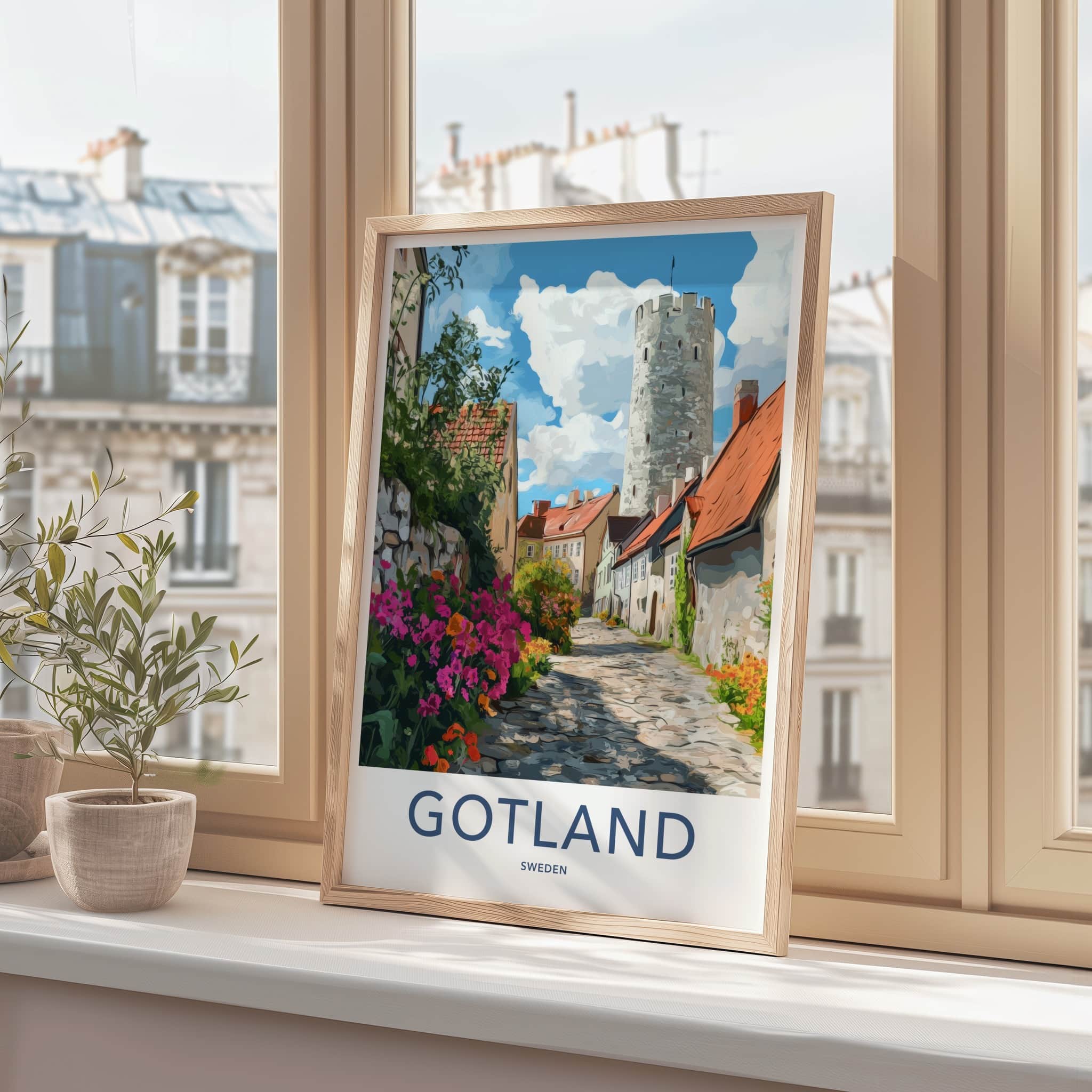 Gotland Poster - Sweden Wall Art - Cobblestone Street Tower Home Decor