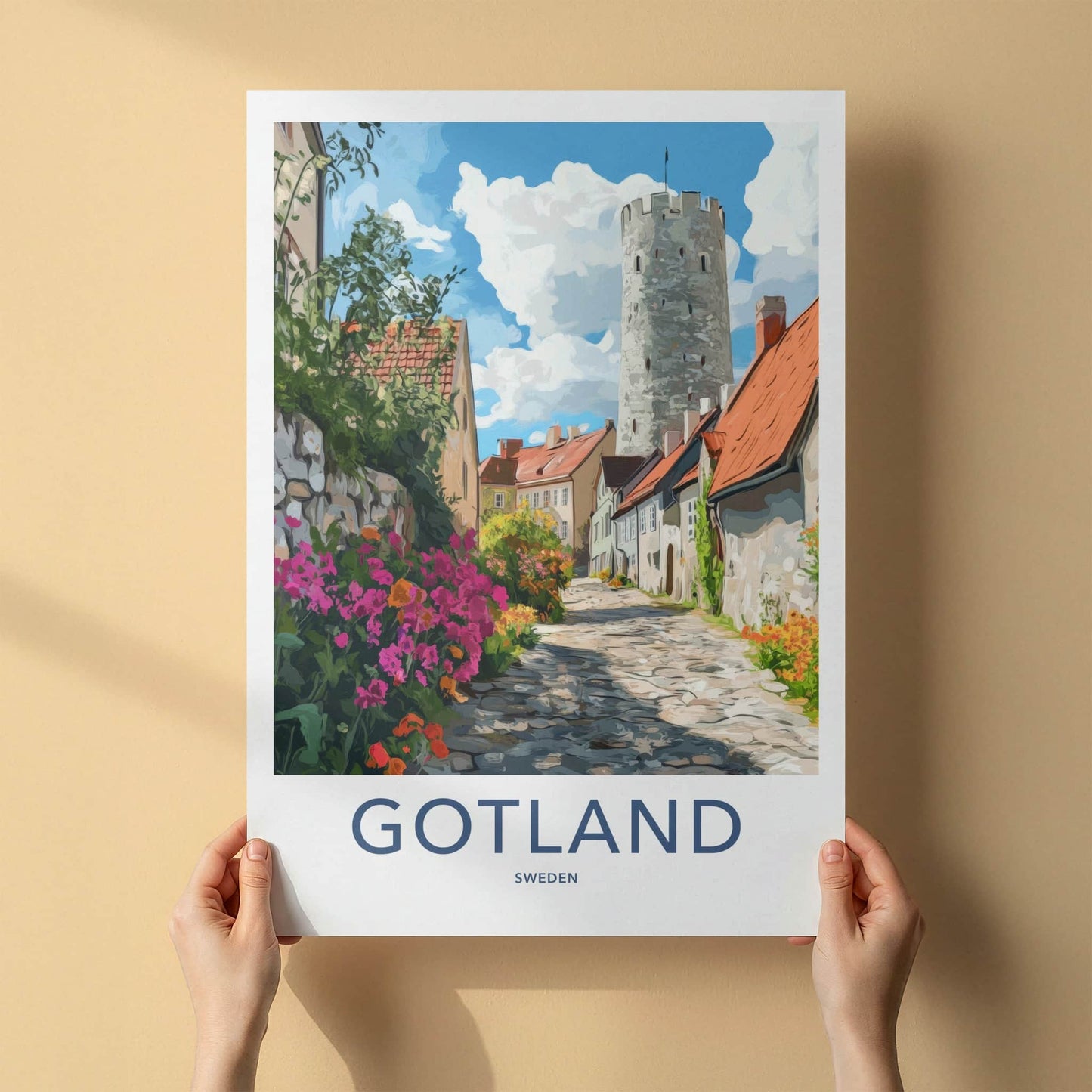 Gotland Poster - Sweden Wall Art - Cobblestone Street Tower Home Decor