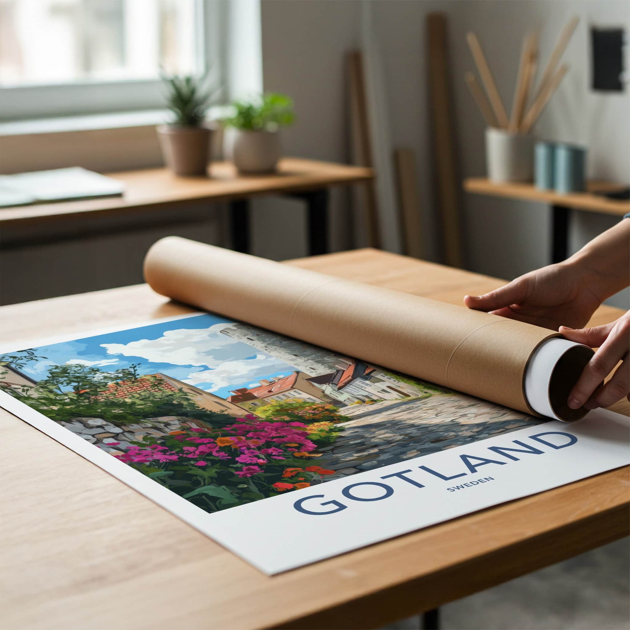 Gotland Poster - Sweden Wall Art - Cobblestone Street Tower Home Decor